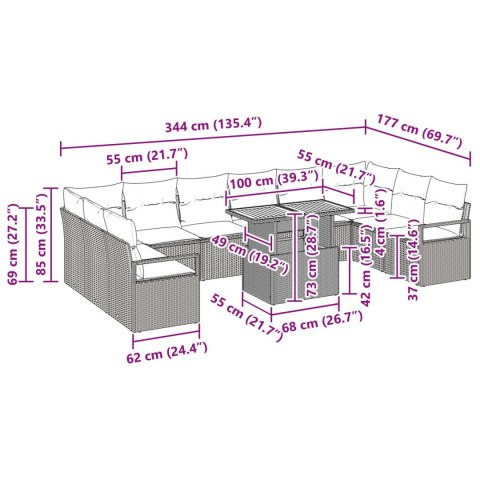 11 ELEMENTOWY ZESTAW SOF OGRODOWYCH Z PODUSZKAMI CZARNY POLIRATTAN AKACJA SOFA OGRODOWA NA 2 OSOBY Z PODUSZKAMI C