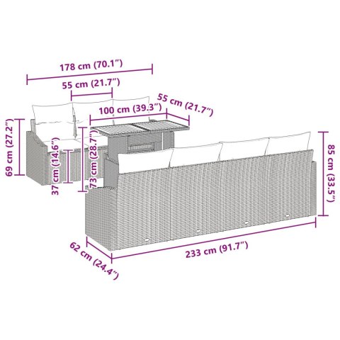 8 ELEMENTOWY ZESTAW SOFY OGRODOWEJ Z PODUSZKAMI CZARNY RATTAN POLI AKACJA
