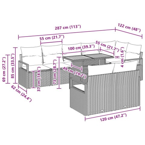 9-CZĘŚCIOWY ZESTAW SOF OGRODOWYCH Z PODUSZKAMI SZARY POLIRATTAN AKACJA 2-OSOBOWA SOFA OGRODOWA Z PODUSZKAMI SZARY