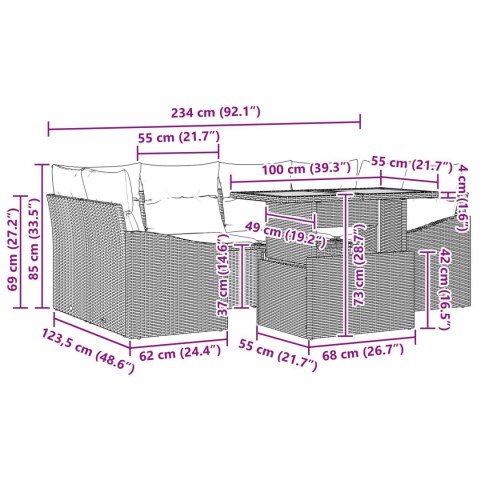 ZESTAW JADALNIANY 7-CZĘŚCIOWY Z PODUSZKAMI SZARY POLI RATTAN AKACJA