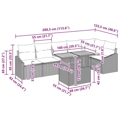 ZESTAW JADALNIANY DO OGRODU 7-CZĘŚCIOWY Z PODUSZKAMI CZARNY POLI RATTAN AKACJA