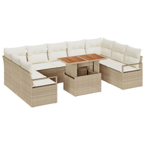 ZESTAW 10-CZĘŚCIOWY SOFY OGRODOWEJ Z PODUSZKAMI BEŻOWY POLY RATTAN ACACIA SOFA OGRODOWA DWUOSOBOWA Z PODUSZKAMI BEŻOWA POLY RAT
