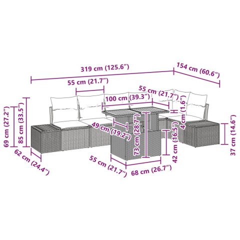 7-CZĘŚCIOWY ZESTAW JADALNY OGRODOWY Z PODUSZKAMI CZARNY POLI RATTAN AKACJA