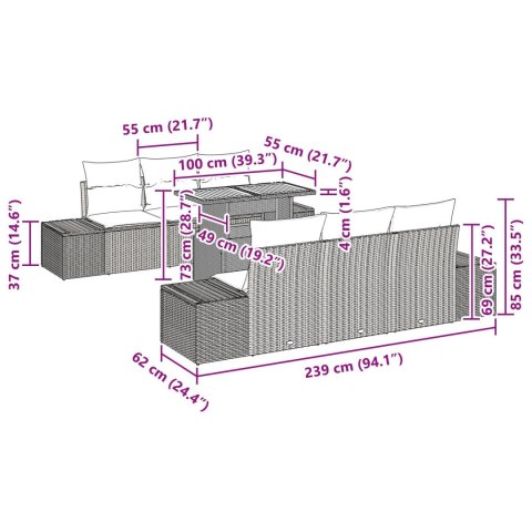 ZESTAW DO JEDZENIA OGRODOWEGO 7-CZĘŚCIOWY Z PODUSZKAMI SZARY POLIRATTAN AKACJA