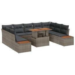 10-CZĘŚCIOWY ZESTAW JADALNY OGRODOWY Z PODUSZKAMI SZARY Z POLIRATTANU I AKACJI