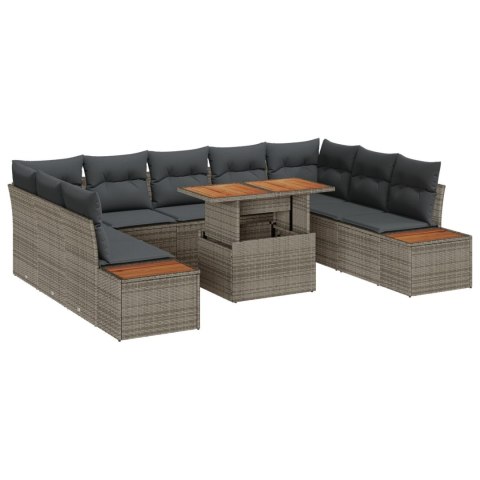 10-CZĘŚCIOWY ZESTAW JADALNY OGRODOWY Z PODUSZKAMI SZARY Z POLIRATTANU I AKACJI