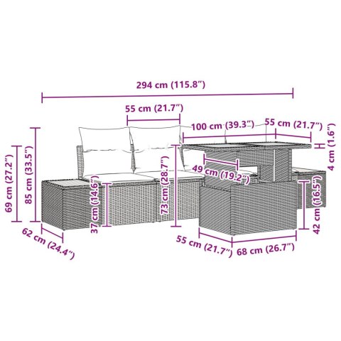 ZESTAW JADALNIANY DO OGRODU 5-ELEMENTOWY Z PODUSZKAMI SZARY RATTAN AKACJOWY