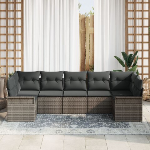 7-CZĘŚCIOWY ZESTAW SOFY OGRODOWEJ Z PODUSZKAMI SZARY POLI RATTAN 2-OSOBOWA SOFA OGRODOWA Z PRZECHOWYWANIEM I PODUSZKAMI SZARY P