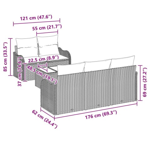 6-CZĘŚCIOWY ZESTAW SOF OGRODOWYCH Z PODUSZKAMI SZARY POLIRATTAN 2-OSOBOWA SOFA OGRODOWA Z MIEJSCEM DO PRZECHOWYWA