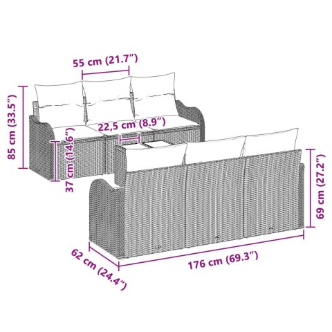 7-CZĘŚCIOWY ZESTAW SOFY OGRODOWEJ Z PODUSZKAMI SZARY POLIRATTAN 2-OSOBOWA SOFA OGRODOWA Z PRZECHOWALNIĄ I PODUSZK