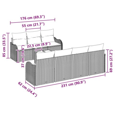 8-CZĘŚCIOWY ZESTAW SOFY OGRODOWEJ Z PODUSZKAMI SZARY POLIRATTAN 2-OSOBOWA SOFA OGRODOWA Z MIEJSCEM NA PRZECHOWYWA