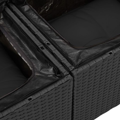 ZESTAW 6 ELEMENTÓW SOF OGRODOWYCH Z PODUSZKAMI CZARNY POLI RATTAN SOFA OGRODOWA 2-OSOBOWA Z PRZECHOWALNIĄ I PODUSZKAMI CZARNY P