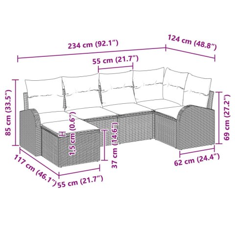 6-CZĘŚCIOWY ZESTAW SOF OGRODOWYCH Z PODUSZKAMI SZARY POLIRATTAN 2-OSOBOWA SOFA OGRODOWA Z PRZECHOWALNIĄ I PODUSZKAMI SZARY POLI