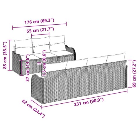 BEŻOWY 8-CZĘŚCIOWY ZESTAW KANAP OGRODOWYCH Z PODUSZKAMI Z POLIRATTANU AKACJA 2-OSOBOWA SOFA OGRODOWA Z MIEJSCEM D