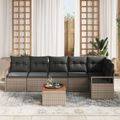 7-CZĘŚCIOWY ZESTAW SOFY OGRODOWEJ Z PODUSZKAMI SZARY POLIRATTAN AKACJA 2-OSOBOWA SOFA OGRODOWA Z MAGAZYNEM I PODU