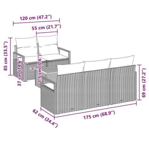 6-ELEMENTOWY ZESTAW SOF OGRODOWYCH Z PODUSZKAMI SZARY POLIRATTAN AKACJA 2-OSOBOWA SOFA OGRODOWA Z PRZECHOWYWANIEM
