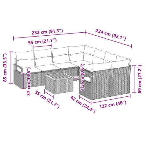 9 CZĘŚCIOWY ZESTAW SOFY OGRODOWEJ Z PODUSZKAMI CZARNY RATTAN AKACJA 2-OSOBOWA SOFA OGRODOWA Z PRZECHOWYWANIEM I P