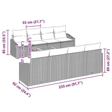 7-CZĘŚCIOWY ZESTAW KANAP OGRODOWYCH Z PODUSZKAMI SZARY POLIRATTAN AKACJA