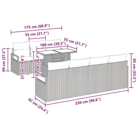 8-OSOBOWY ZESTAW KANAP OGRODOWYCH Z PODUSZKAMI SZARY POLIRATTAN 2-OSOBOWA KANAPA OGRODOWA Z SCHOWKIEM I PODUSZKAM