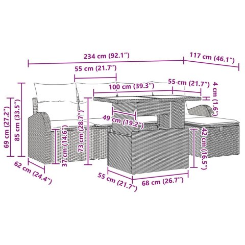 VidaXL Zestaw 6 elementów kanap ogrodowych z poduszkami jasnoszarymi polirattan