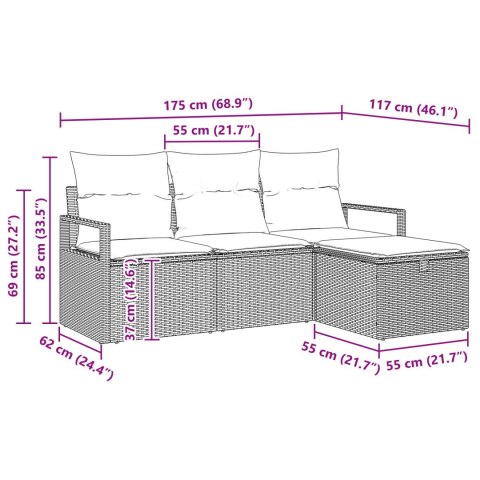 4-CZĘŚCIOWY ZESTAW SOF OGRODOWYCH Z PODUSZKAMI CZARNY RATTAN PE 2-OSOBOWA SOFA OGRODOWA Z MIEJSCEM DO PRZECHOWYWA