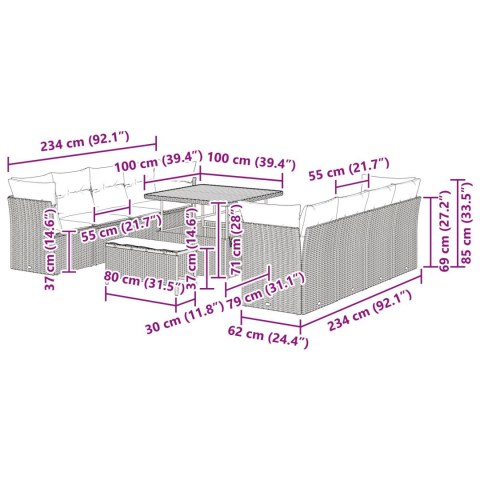 11-CZĘŚCIOWY ZESTAW SOFY OGRODOWEJ Z PODUSZKAMI BEŻOWY POLIRATTAN AKACJA 3-CZĘŚCIOWY ZESTAW JADALNY OGRODOWY Z PO