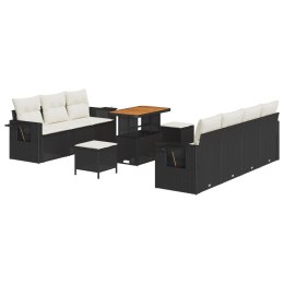 ZESTAW 10-ELEMENTOWY SOFA OGRODOWA Z PODUSZKAMI CZARNY POLIRATTAN AKACJA ZESTAW 3-ELEMENTOWY STOŁOWY Z PODUSZKAMI CZARNY POLIRA