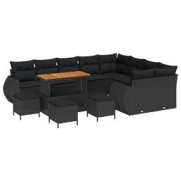 12-CZĘŚCIOWY ZESTAW SOF OGRODOWYCH Z PODUSZKAMI CZARNY POLI RATTAN AKACJA 3-CZĘŚCIOWY ZESTAW OBIADOWY OGRODOWY Z