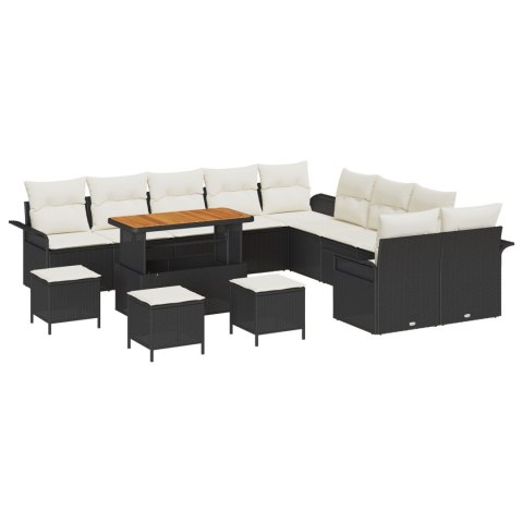 13-CZĘŚCIOWY ZESTAW SOFY OGRODOWEJ Z PODUSZKAMI CZARNY POLIRATTAN AKACJA SOFA OGRODOWA DWUOSOBOWA Z PODUSZKAMI CZARNY POLIRATTA