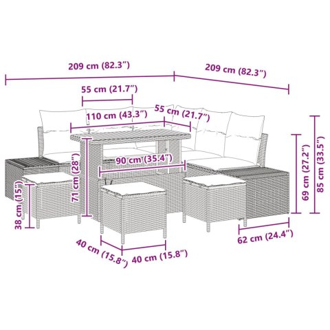 8 CZĘŚCIOWY ZESTAW OGRODOWY Z PODUSZKAMI CZARNY POLI RATTAN ACACIA SOFA OGRODOWA 2-OSOBOWA Z PODUSZKAMI CZARNY PO