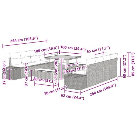 ZESTAW 11 CZĘŚCIOWYCH SOF OGRODOWYCH Z PODUSZKAMI CZARNY RATTAN AKACJA 2-OSOBOWA SOFA OGRODOWA Z PODUSZKAMI CZARN