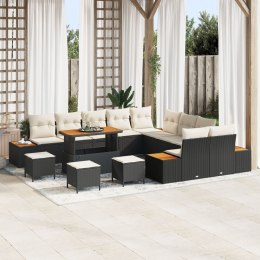 ZESTAW 13-ELEMENTOWY SOFY OGRODOWEJ Z PODUSZKAMI CZARNA POLIRATTAN AKACJA ZESTAW 3-ELEMENTOWY STOŁU JADALNEGO OGRODOWEGO Z PODU