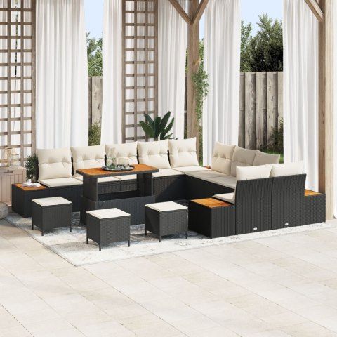 ZESTAW 13-ELEMENTOWY SOFY OGRODOWEJ Z PODUSZKAMI CZARNA POLIRATTAN AKACJA ZESTAW 3-ELEMENTOWY STOŁU JADALNEGO OGRODOWEGO Z PODU