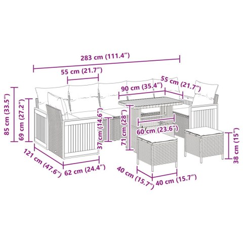 10-ELEMENTOWY ZESTAW SOFY OGRODOWEJ Z PODUSZKAMI CZARNY POLIRATTAN AKACJA 2-OSOBOWA SOFA OGRODOWA Z PODUSZKAMI CZ