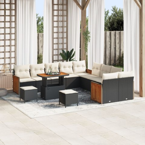 13-CZĘŚCIOWY ZESTAW SOFY OGRODOWEJ Z PODUSZKAMI CZARNY POLIRATTAN AKACJA 2-OSOBOWA SOFA OGRODOWA Z PODUSZKAMI CZA