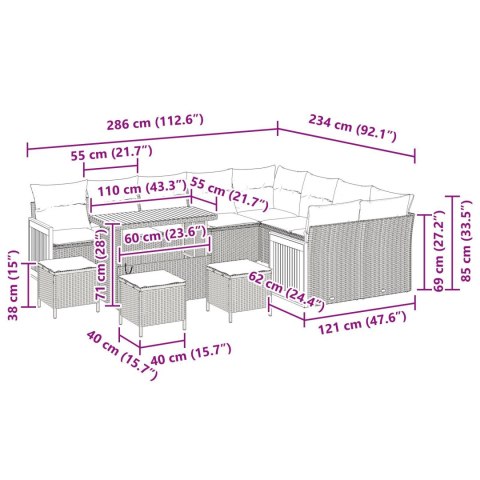 ZESTAW 12 ELEMENTÓW SOFY OGRODOWEJ Z PODUSZKAMI CZARNY POLIRATTAN AKACJA ZESTAW 3 ELEMENTÓW STOŁU JADALNEGO Z POD
