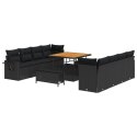 ZESTAW 11-CZĘŚCIOWY SOFA OGRODOWA Z PODUSZKAMI CZARNY POLIRATTAN AKACJOWY 3-CZĘŚCIOWY ZESTAW DO JADALNI OGRODOWEJ