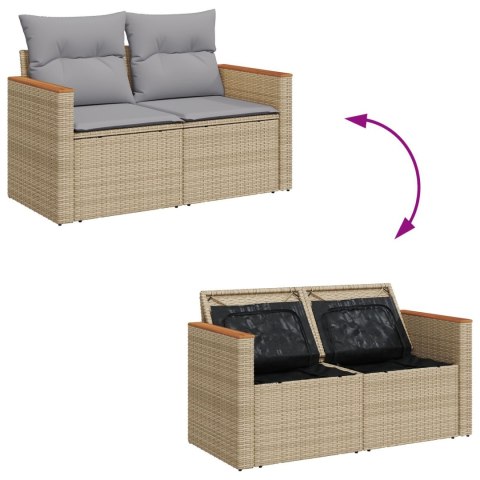 10-CZĘŚCIOWY ZESTAW SOFY OGRODOWEJ Z PODUSZKAMI BEŻOWY POLIRATTAN AKACJA 3-CZĘŚCIOWY ZESTAW DO JADALNI OGRODOWEJ