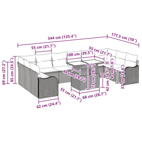 11-CZĘŚCIOWY ZESTAW SOF OGRODOWYCH Z PODUSZKAMI SZARY POLIRATTAN 2-OSOBOWA SOFA OGRODOWA Z PODUSZKAMI SZARY POLIR