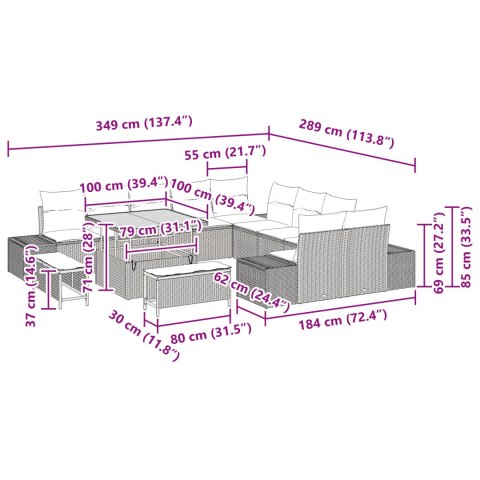 ZESTAW 13-ELEMENTOWY SOF OGRODOWYCH Z PODUSZKAMI CZARNY POLIRATTAN AKACJA CZTEROOSOBOWA SOFA OGRODOWA Z PODUSZKAM
