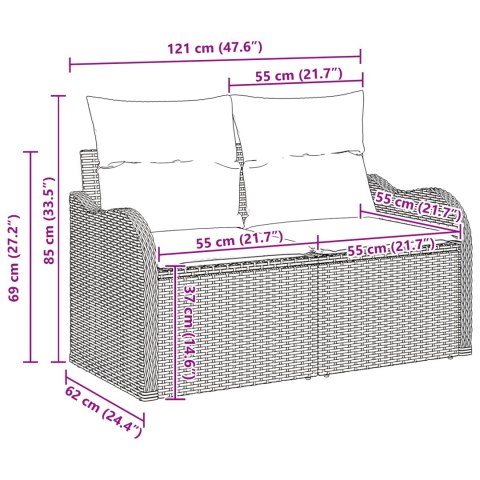 ZESTAW 4-ELEMENTOWY SOFY OGRODOWEJ Z PODUSZKAMI BEŻOWY POLI RATTAN 2-OSOBOWA SOFA OGRODOWA Z PODUSZKAMI BEŻOWY POLI RATTAN