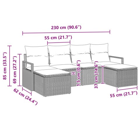 6-CZĘŚCIOWY ZESTAW SOFY OGRODOWEJ Z PODUSZKAMI SZARY POLIRATTAN 2-OSOBOWA SOFA OGRODOWA Z PODUSZKAMI SZARY POLIRA