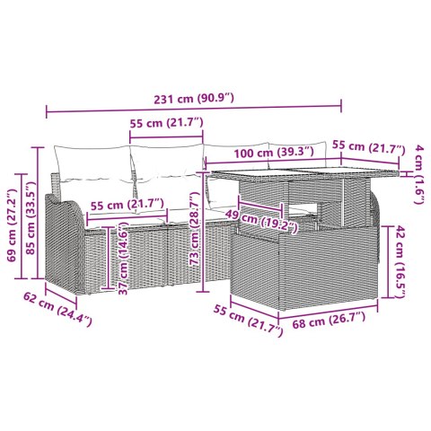 6-CZĘŚCIOWY ZESTAW SOF OGRODOWYCH Z PODUSZKAMI BRĄZOWY RATTAN POLIESTER