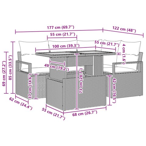5-CZĘŚCIOWY ZESTAW SOF OGRODOWYCH Z PODUSZKAMI BEŻOWY RATTAN POLIESTROWY AKACJOWY 2-OSOBOWA SOFA OGRODOWA Z PODUS