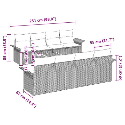 9 CZĘŚCIOWY ZESTAW SOF OGRODOWYCH Z PODUSZKAMI CZARNY POLIRATTAN AKACJA SOFA OGRODOWA 2-OSOBOWA Z PRZECHOWALNIĄ I