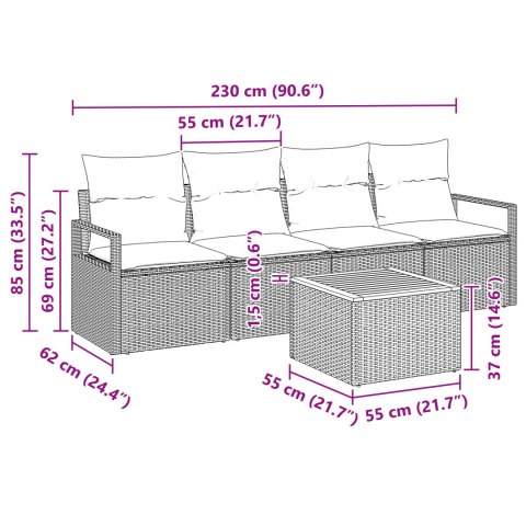 ZESTAW 5-CZĘŚCIOWY MEBLI OGRODOWYCH Z PODUSZKAMI CZARNY POLIRATTAN AKACJA SOFA OGRODOWA 2-OSOBOWA Z SCHOWKIEM I P
