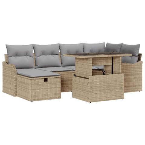 7-CZĘŚCIOWY ZESTAW SOFY OGRODOWEJ Z PODUSZKAMI BEŻOWY POLI RATTAN 2-OSOBOWA SOFA OGRODOWA Z PRZECHOWALNIĄ I PODUS