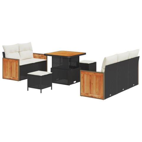 8-CZĘŚCIOWY ZESTAW SOF OGRODOWYCH Z PODUSZKAMI CZARNY POLIRATTAN AKACJA 3-CZĘŚCIOWY ZESTAW DO JADALNI OGRODOWEJ Z