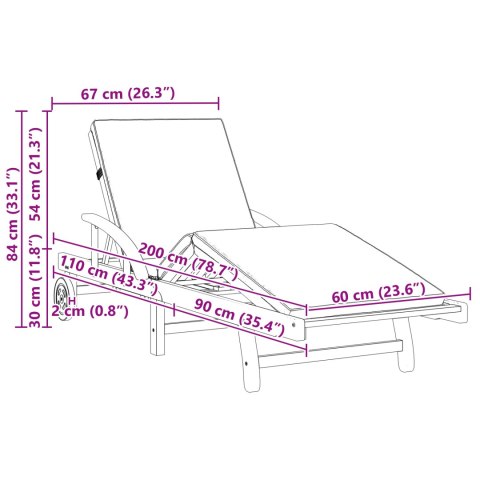LEŻAKI 2 SZT Z PODUSZKAMI I KOŁAMI CZERWONY LITE DREWNO AKACJOWE SKŁADANY LEŻAK Z KOŁAMI I PODUSZKĄ CZERWONY LITE