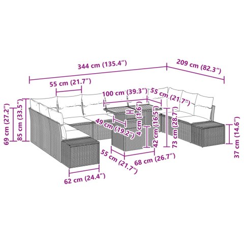 11-CZĘŚCIOWY ZESTAW JADALNIANY DO OGRODU Z PODUSZKAMI BEŻOWY Z POLIRATTANU I AKACJI